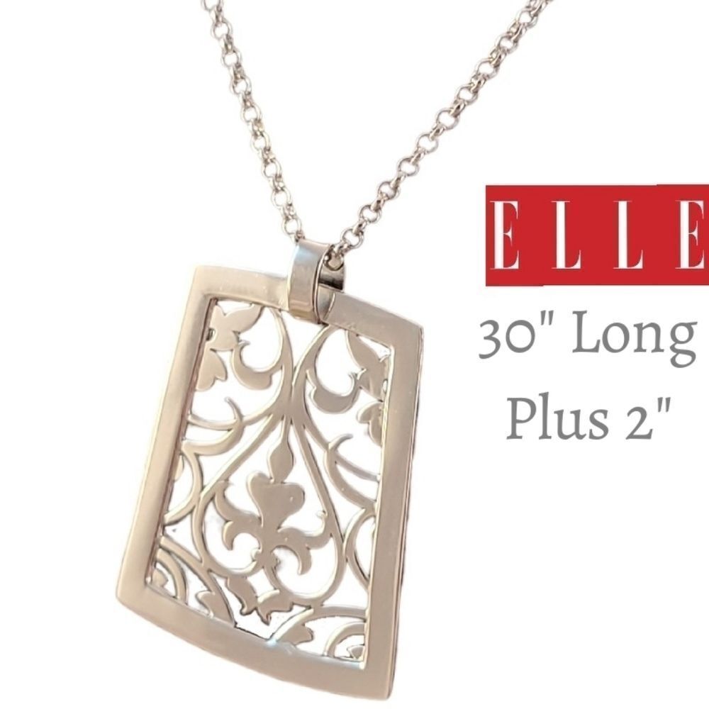New ELLE Sterling Modern Filigree Flourish Openwork Long Statement Necklace